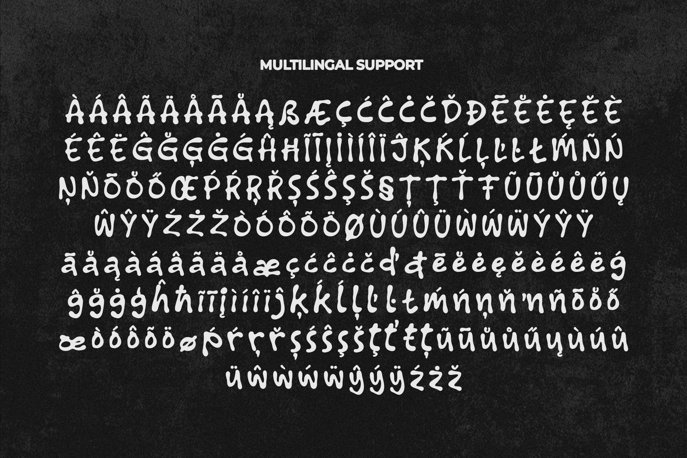Font character set showing multilingual diacritical marks across European languages on dark textured background
