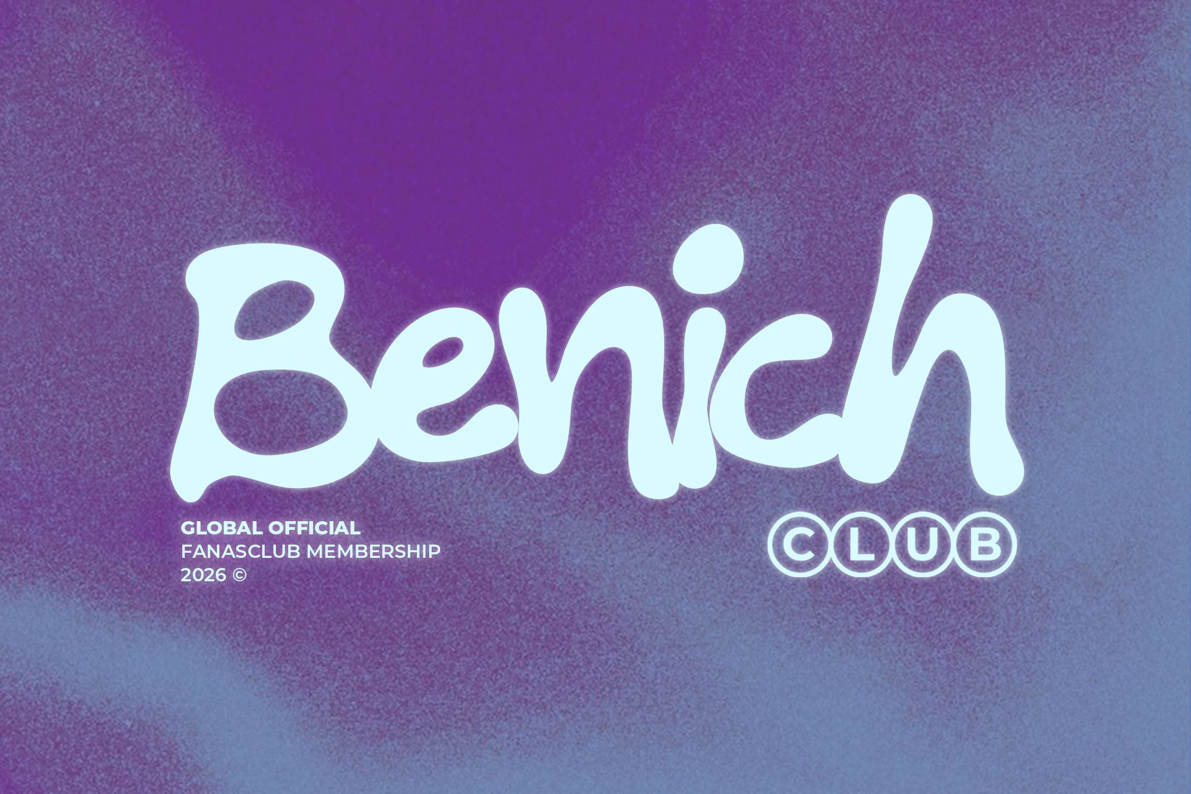 Bench Club membership branding with soft cyan lettering on purple to blue gradient texture