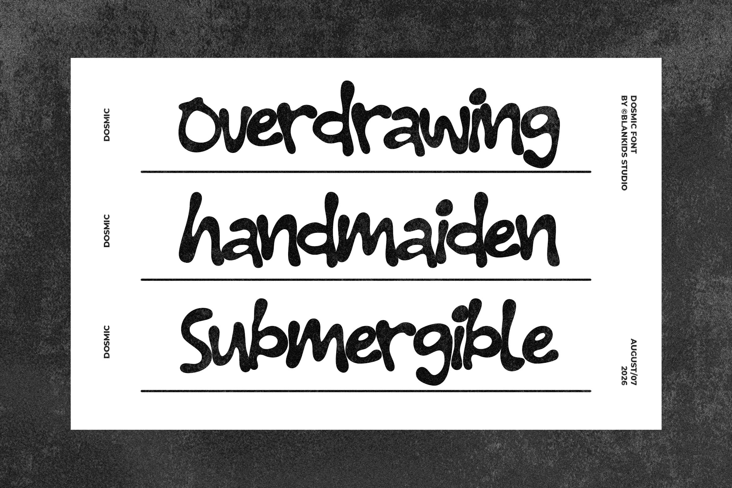 Cosmic Point font specimen showing overdrawing, handmaiden, submergible in chunky handwritten style