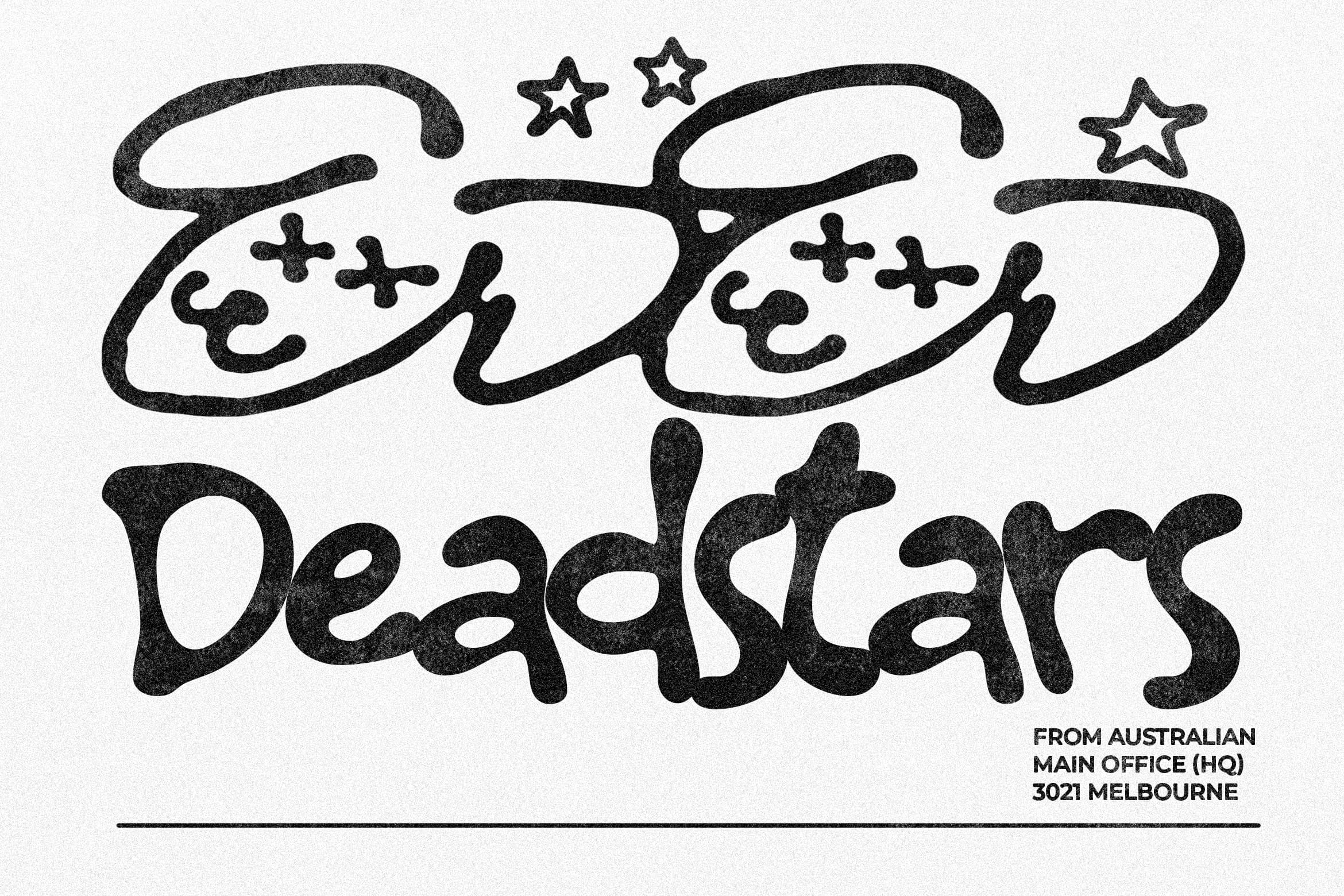 Retro wavy text design with stars, smiley faces, plus signs, hand gestures in black textured style