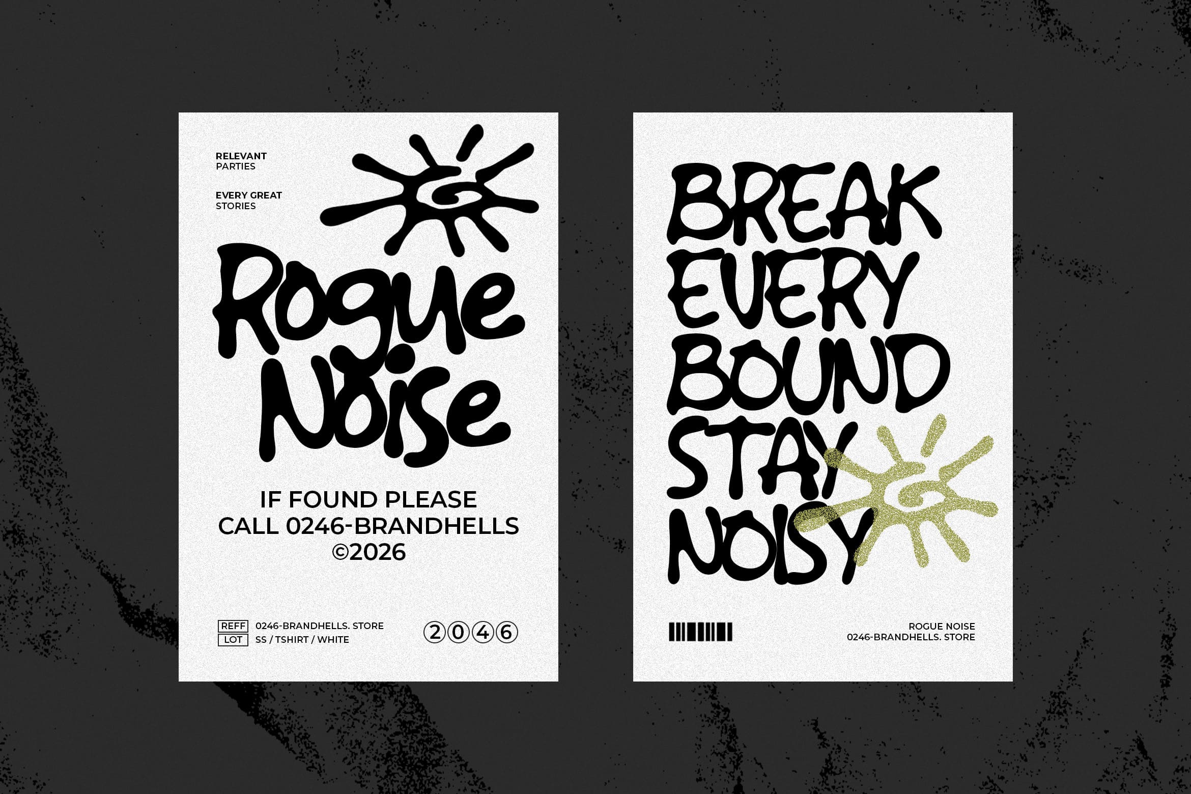 Rogue Noise mockup showing two t-shirt label designs with bold handwritten typography on cream backgrounds