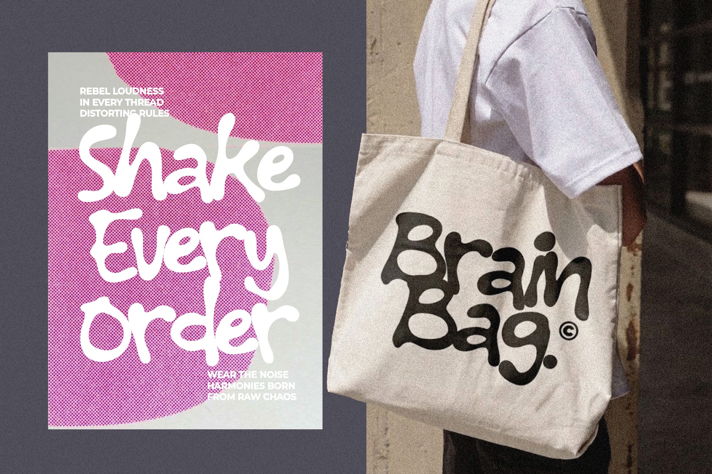 Poster with bold pink halftone layout next to canvas tote bag mockup with black wavy typography