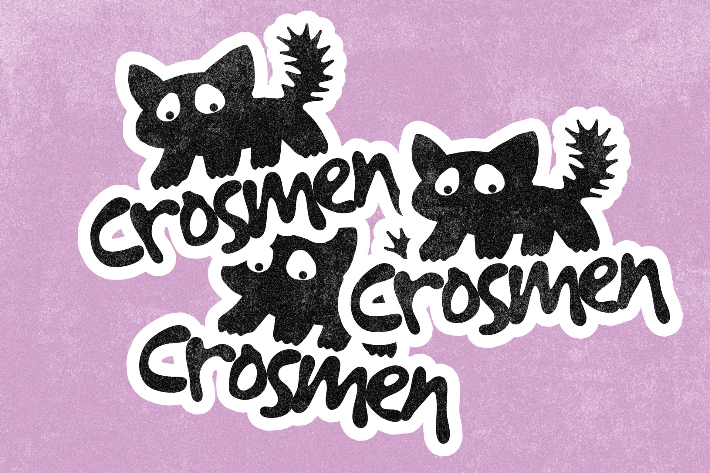 Goofy black cats with spiky fur stickers on purple background with grosmen text