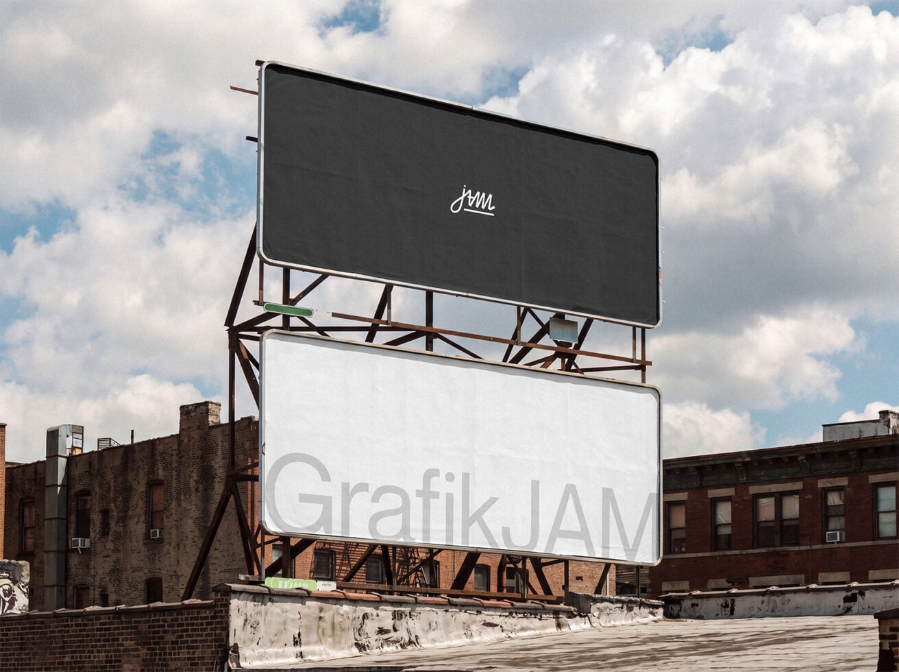 Double billboard mockup on rooftop with sky, urban brick buildings visible below