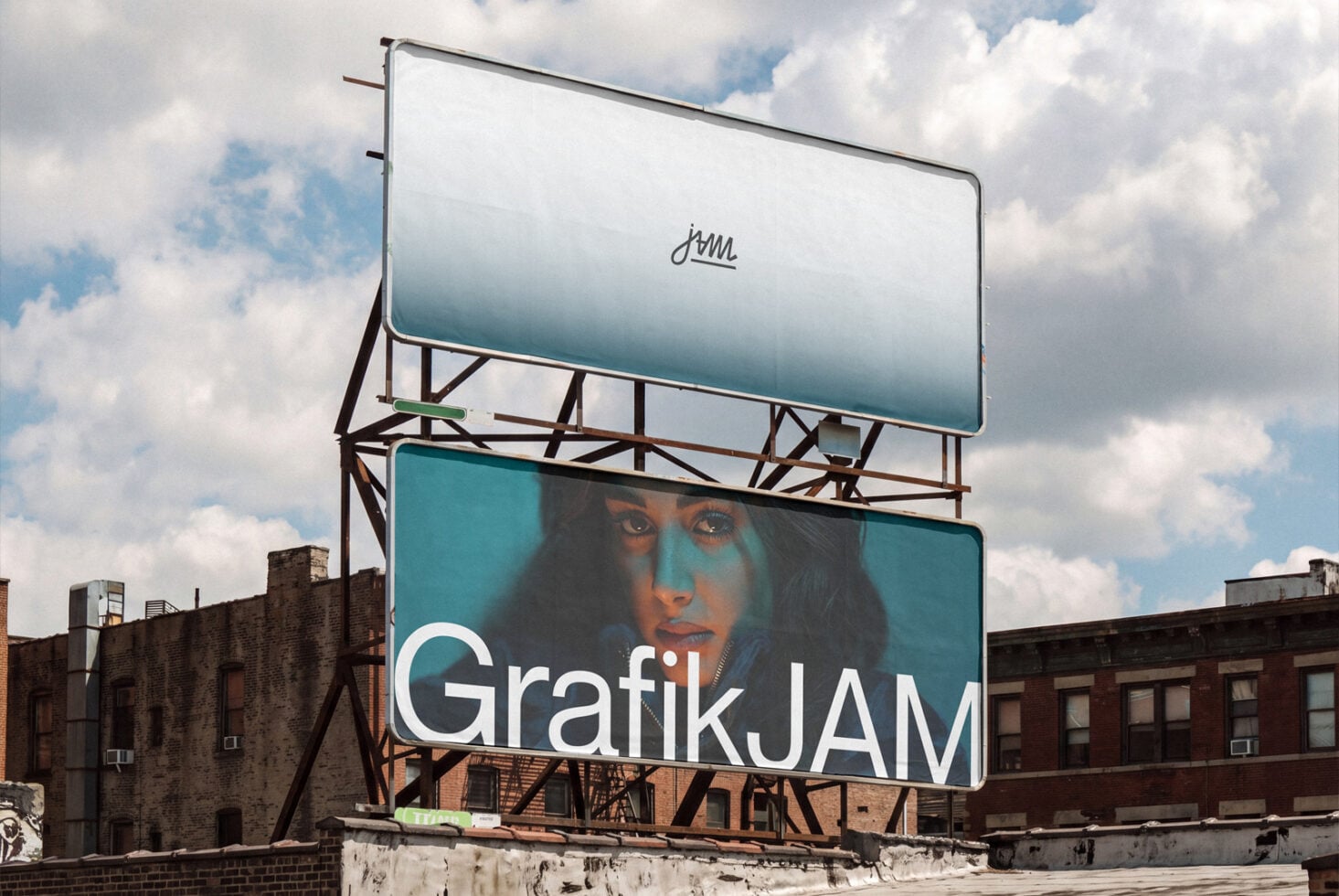 Dual billboard mockup with rooftop placement, cloudy sky backdrop, upper blank panel with script logo, lower teal panel featuring portrait with brand text overlay