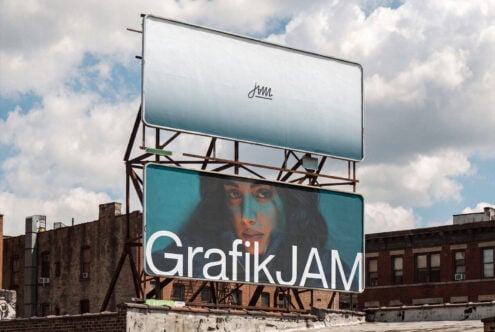 Dual billboard mockup with rooftop placement, cloudy sky backdrop, upper blank panel with script logo, lower teal panel featuring portrait with brand text overlay