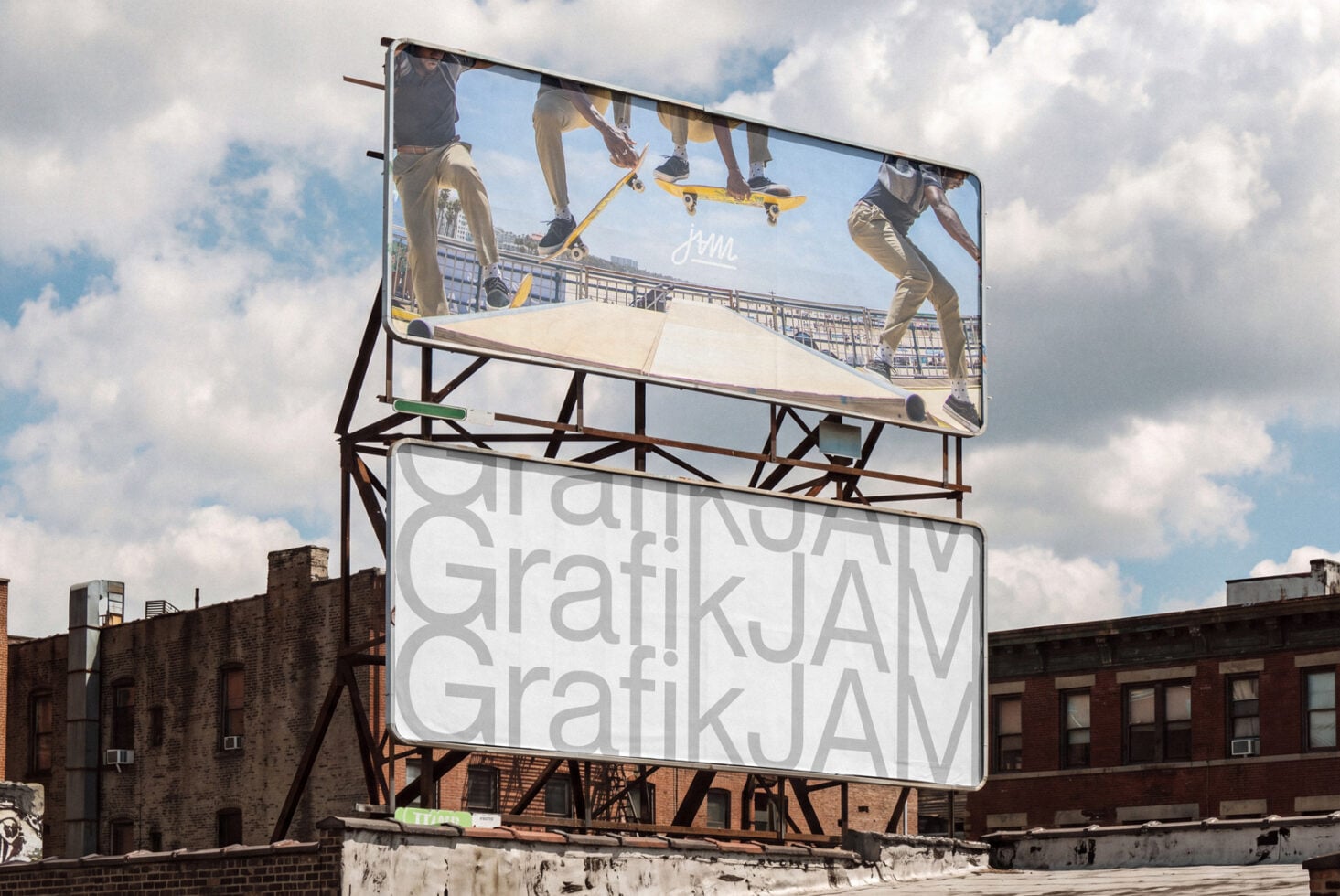 Outdoor billboard mockup showing skateboarders with customizable ad space on urban rooftop