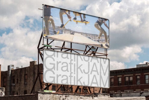 Outdoor billboard mockup showing skateboarders with customizable ad space on urban rooftop