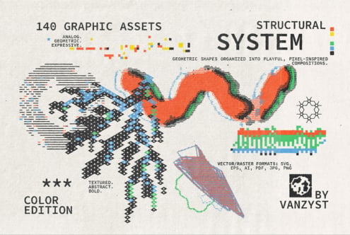 140 colorful geometric graphic assets with pixel-inspired shapes, patterns, textures in vector plus raster formats
