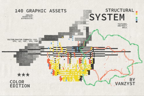 140 graphic assets with analog geometric shapes, texture, bold strokes in multiple file formats