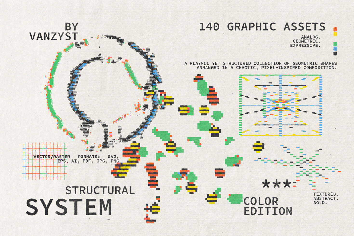 Vanzyst 140 graphic assets with geometric shapes, pixel patterns, color swatches in playful chaotic layout