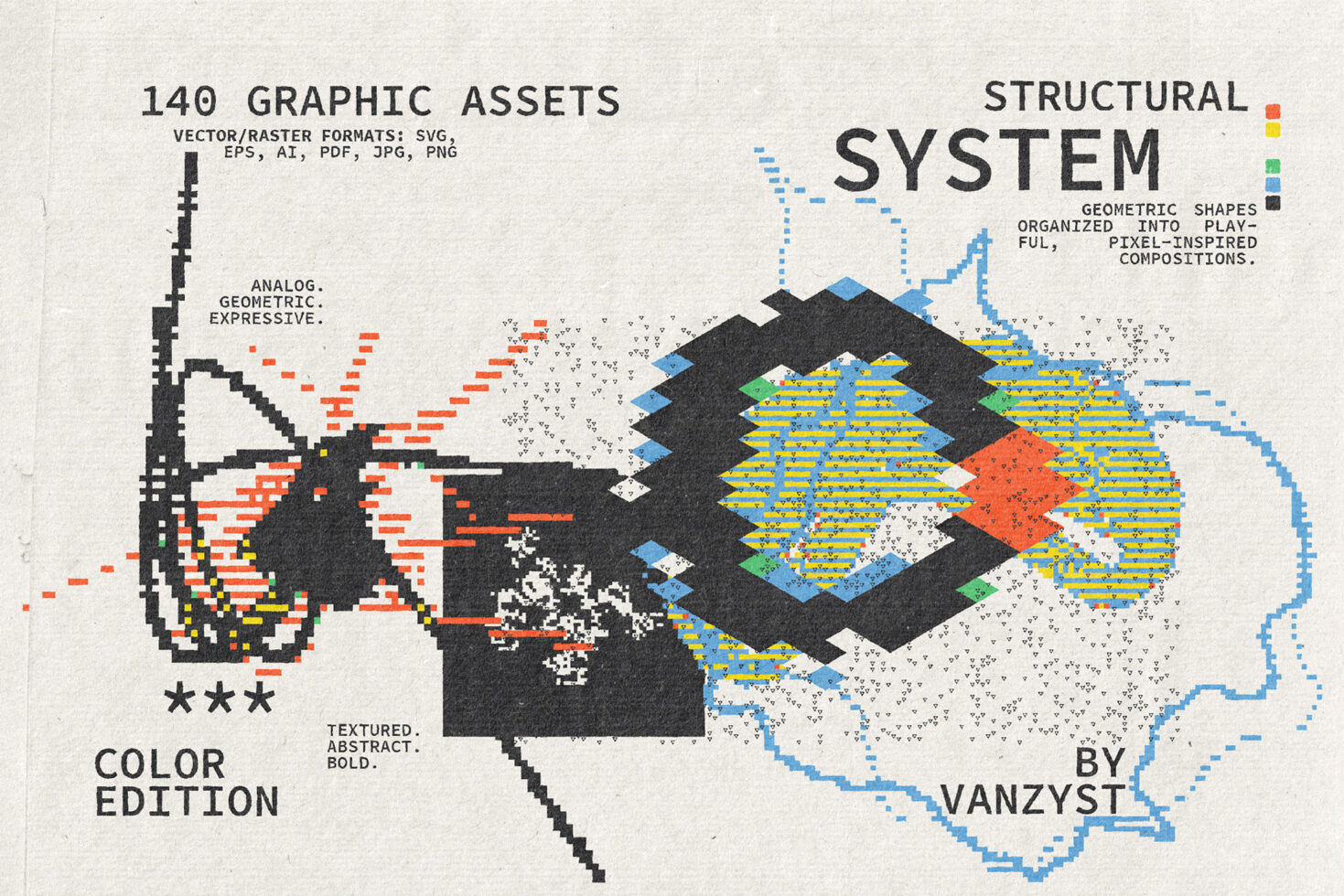140 graphic assets with geometric shapes, pixel art, isometric designs in multiple file formats