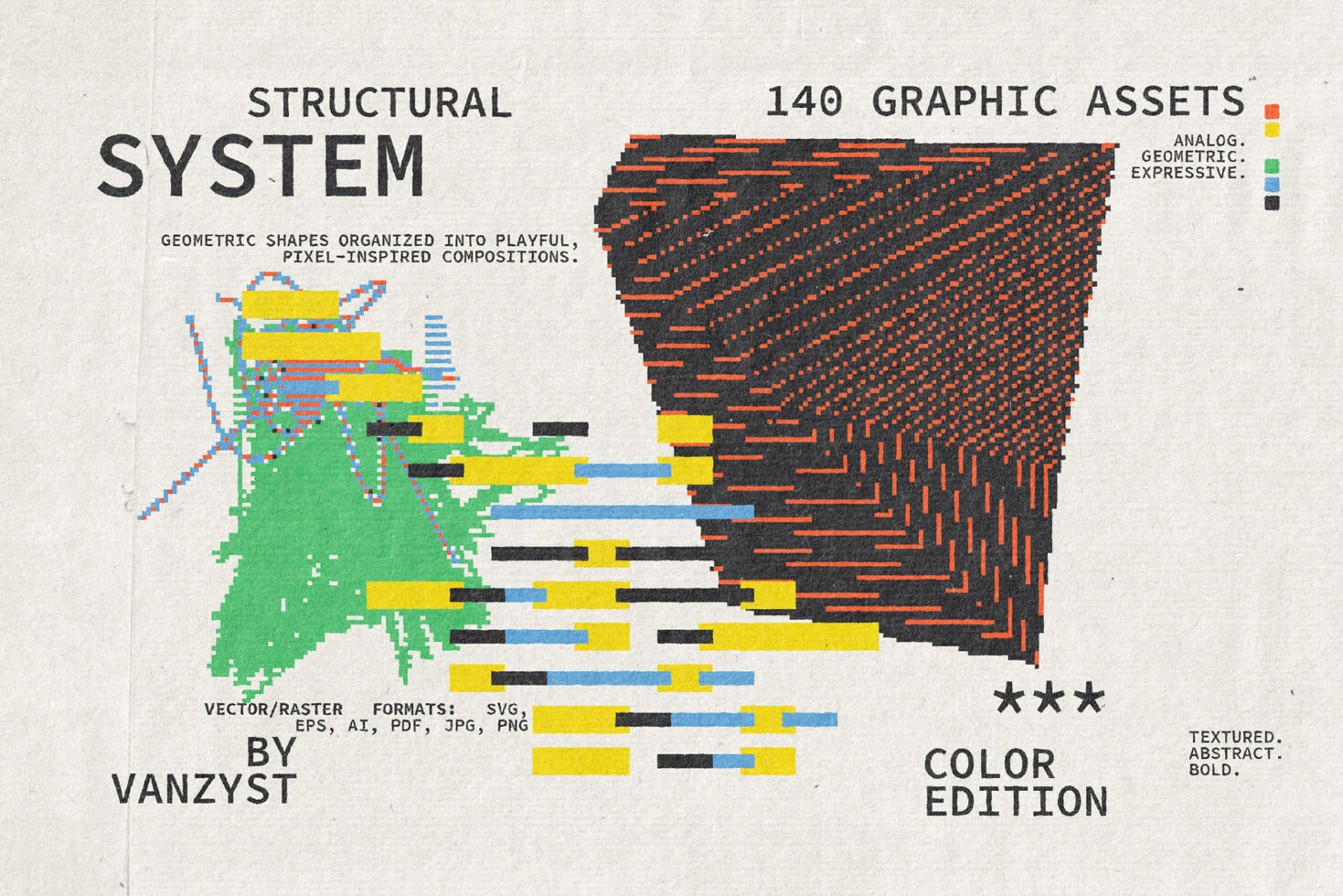 140 geometric shape assets with pixel-art vibes, colorful bars plus textured patterns, comes in all formats