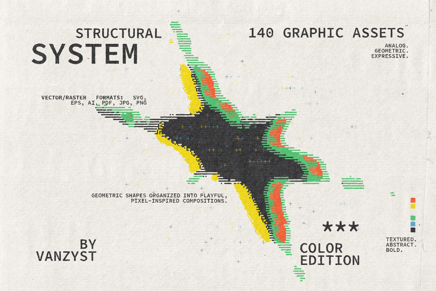 Structural System color edition with 140 geometric graphic assets in pixelated style by Vanzyst