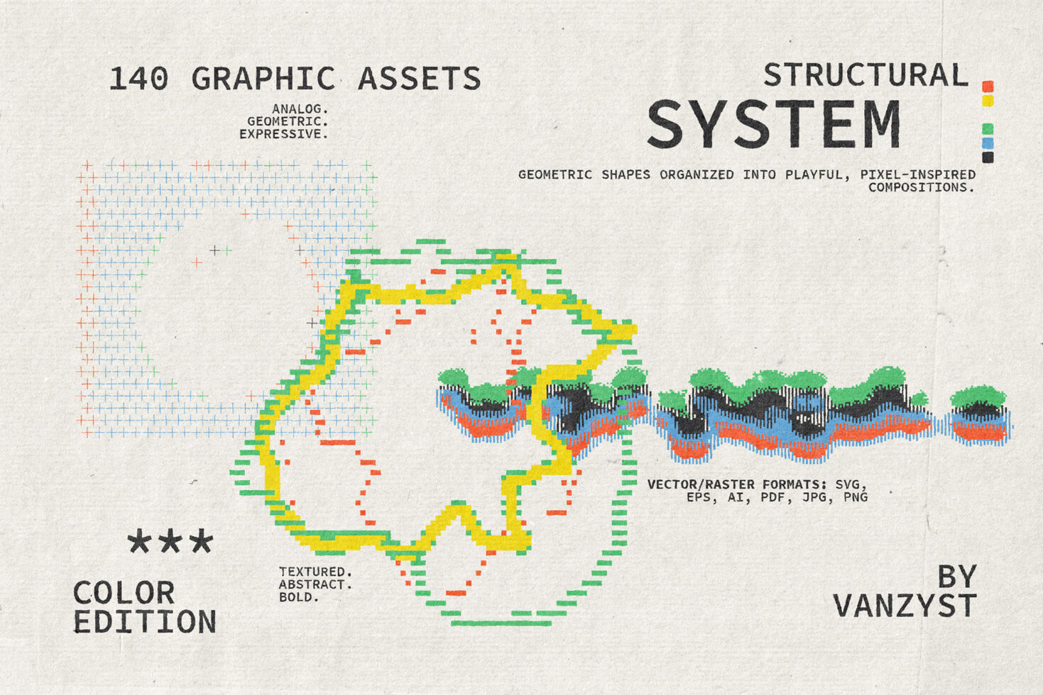 140 graphic assets with geometric shapes, pixel art patterns, retro colors in vector plus raster formats