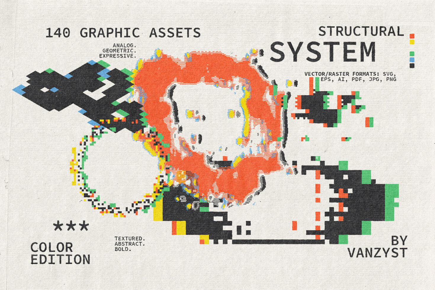 140 geometric graphic assets in bold colors with pixelated, isometric shapes