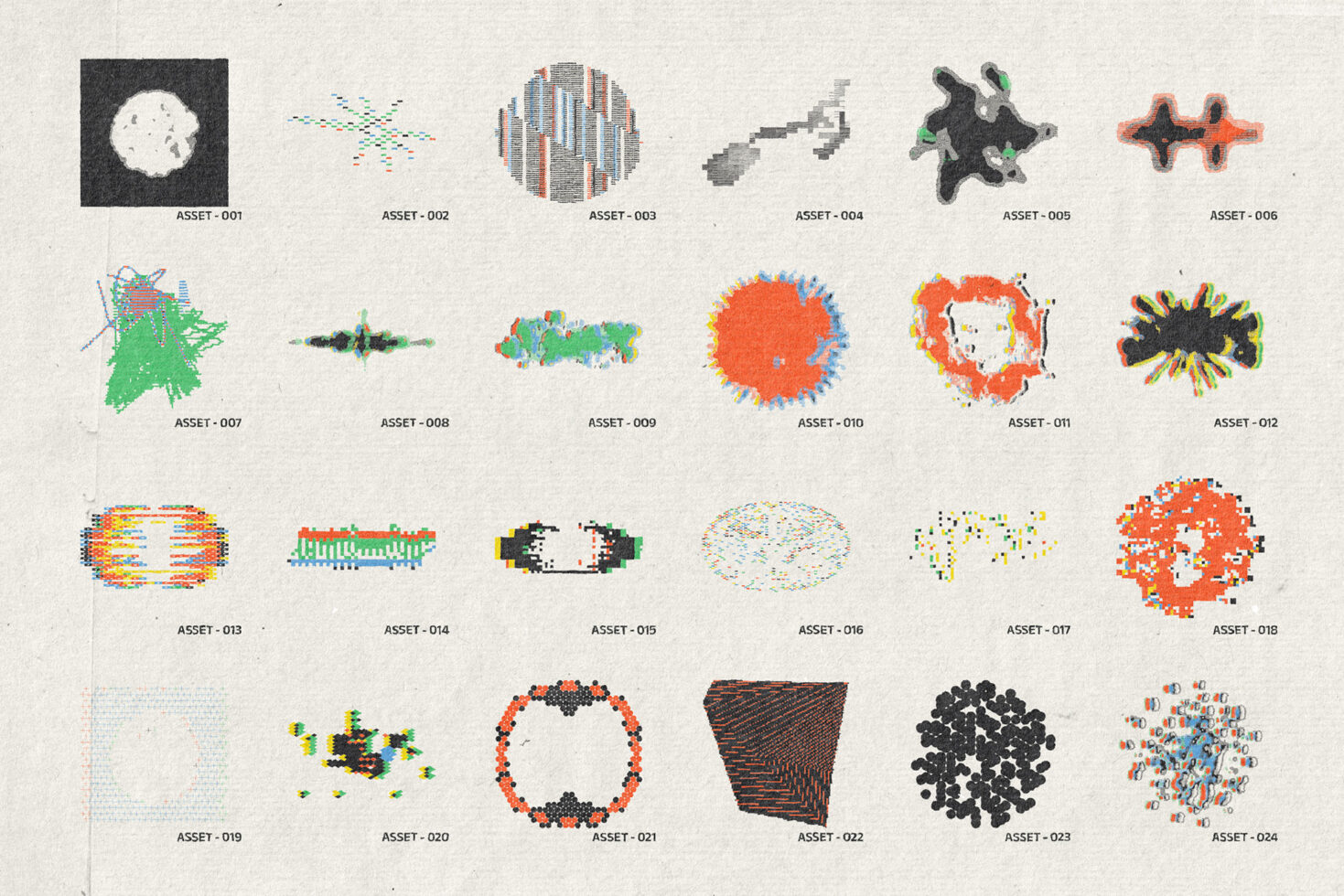 Collection of 24 glitchy abstract shapes with pixelated textures, scattered dots, plus geometric forms