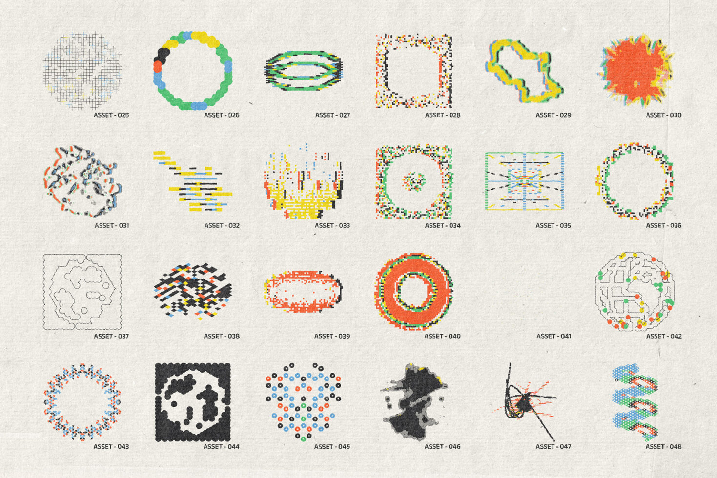 Collection of 24 pixelated abstract shapes, circles, blobs, grids in bright colors on beige background