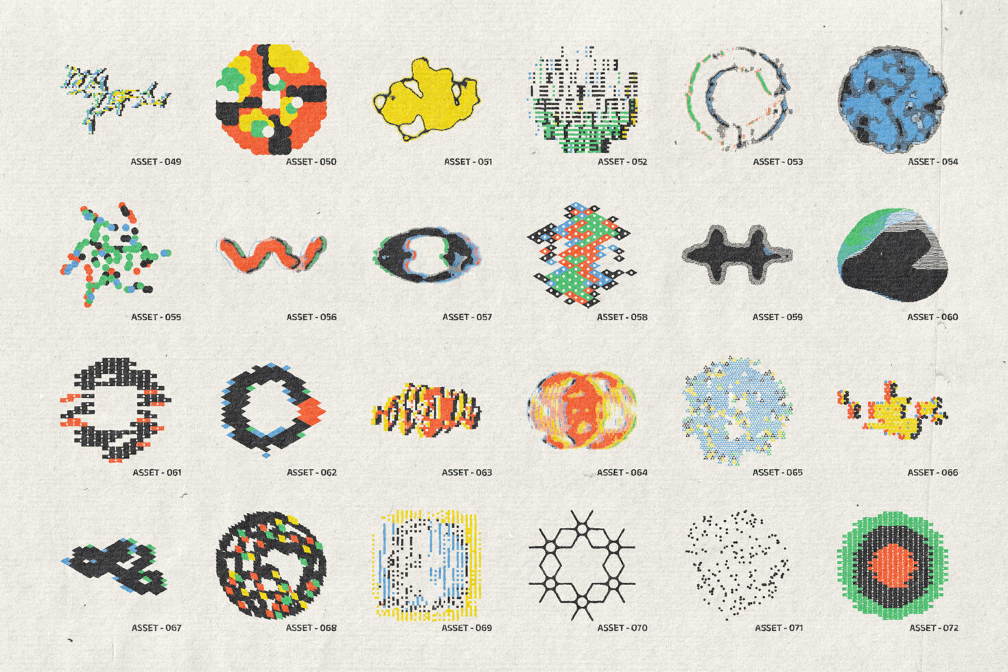 Colorful collection of 24 abstract geometric shapes with pixelated, glitchy, textured styles on cream background