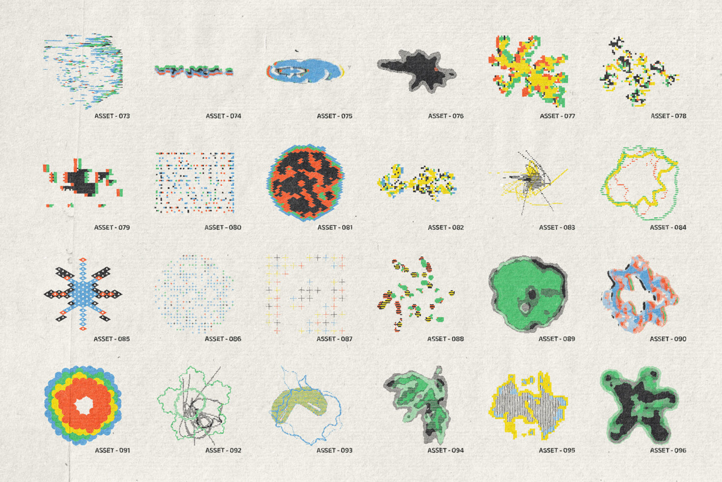 Collection of 24 colorful abstract graphic elements with pixelated, geometric, organic shapes