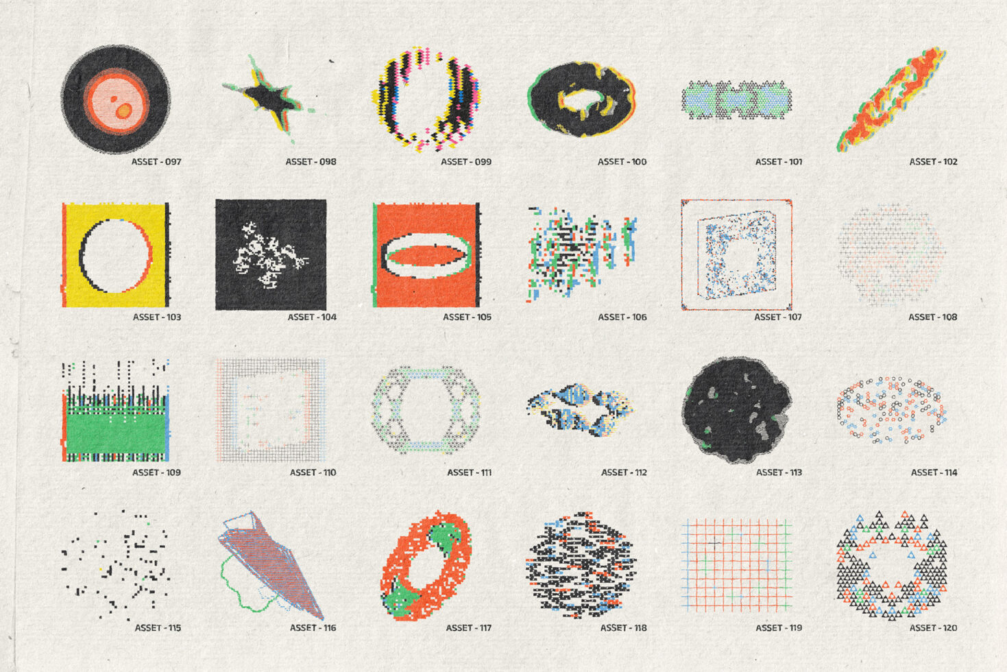 Collection of 24 glitchy digital graphic elements with pixelated shapes, scattered dots, geometric patterns in vibrant colors