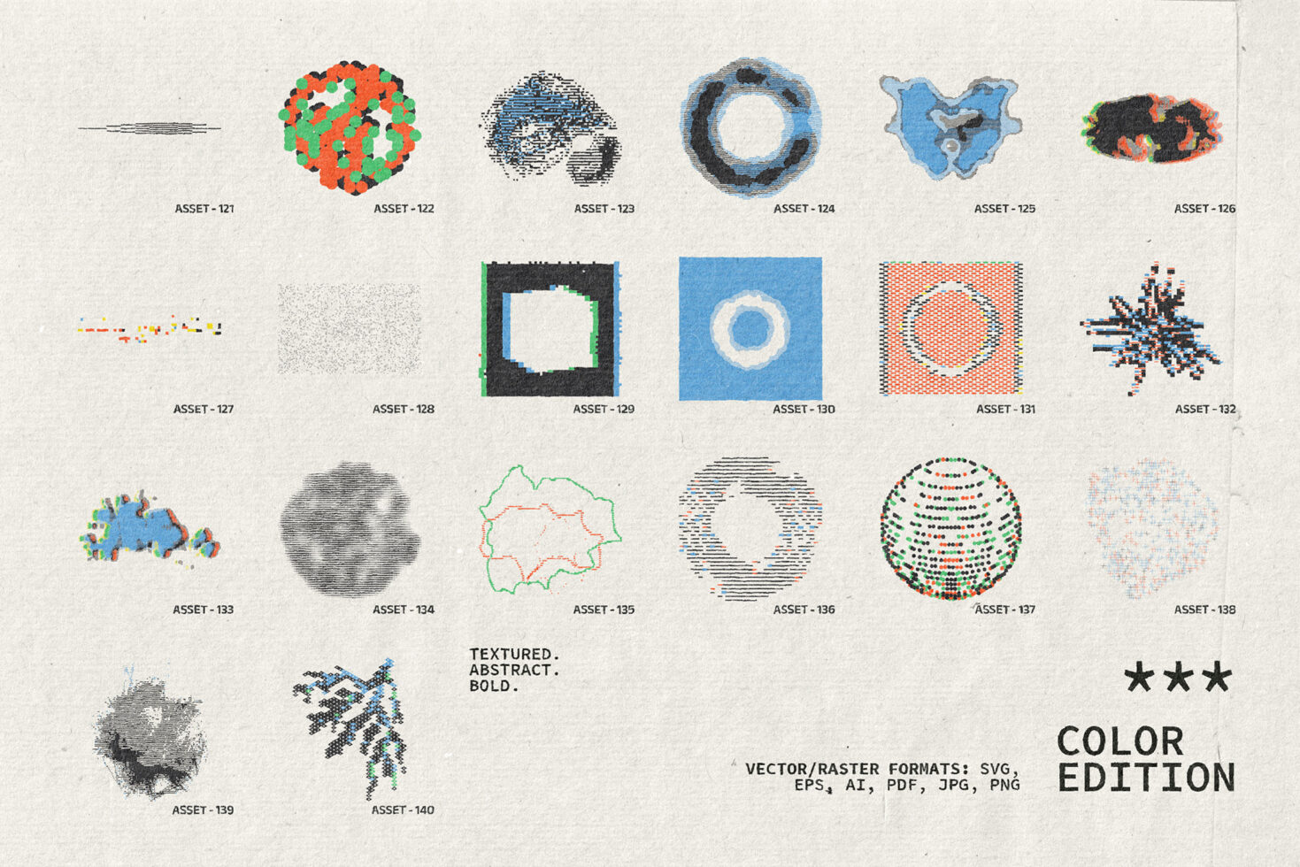 Collection of textured abstract shapes with halftone, dotted, crosshatch patterns in color