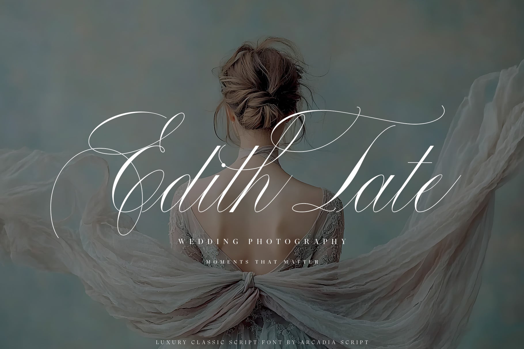 Bride in flowing fabric with elegant script text overlay reading "Edith Late" for wedding photography branding
