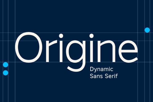 Origine typeface displayed in white on navy grid background with cyan accents