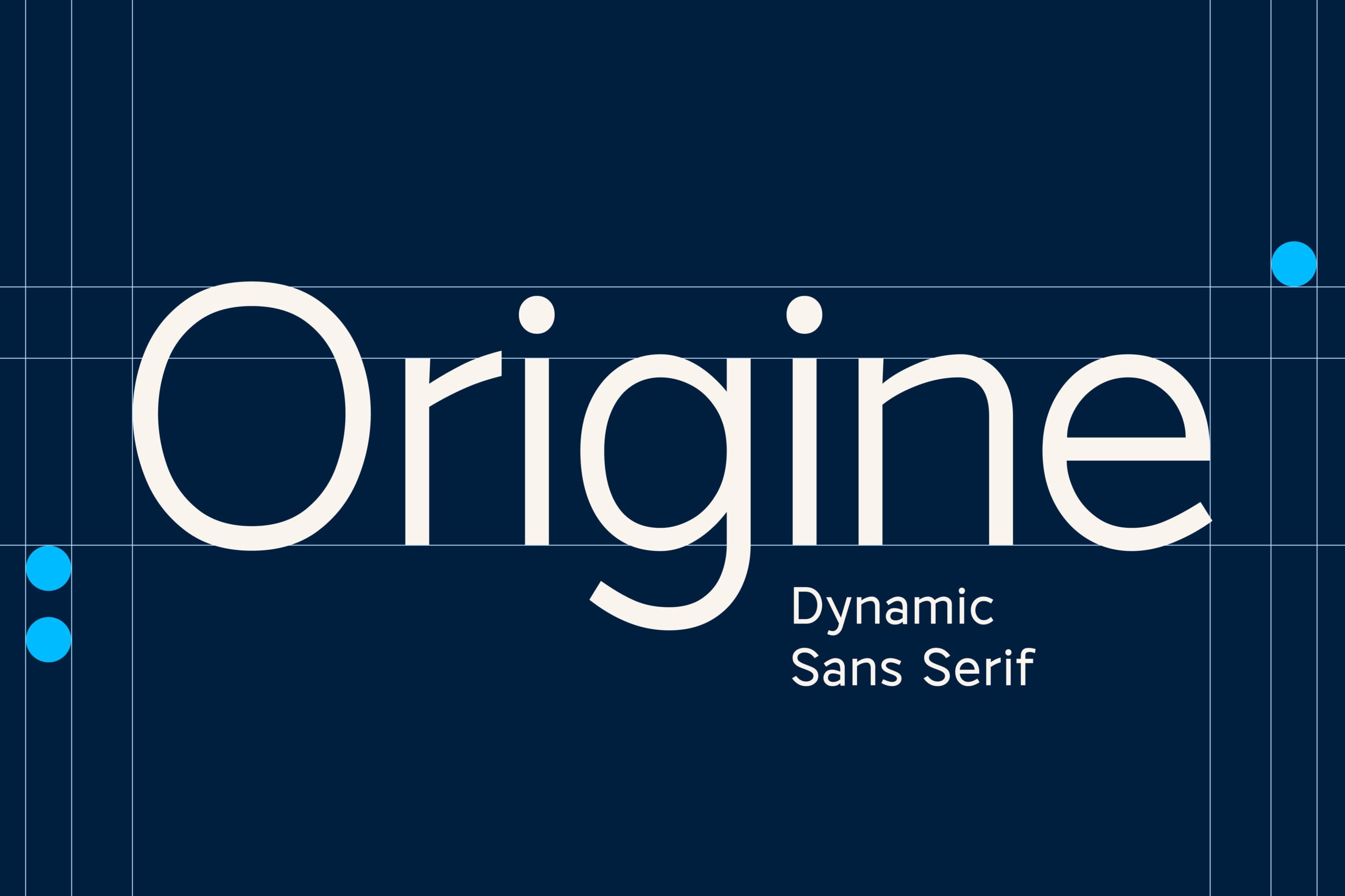 Origine typeface displayed in white on navy grid background with cyan accents