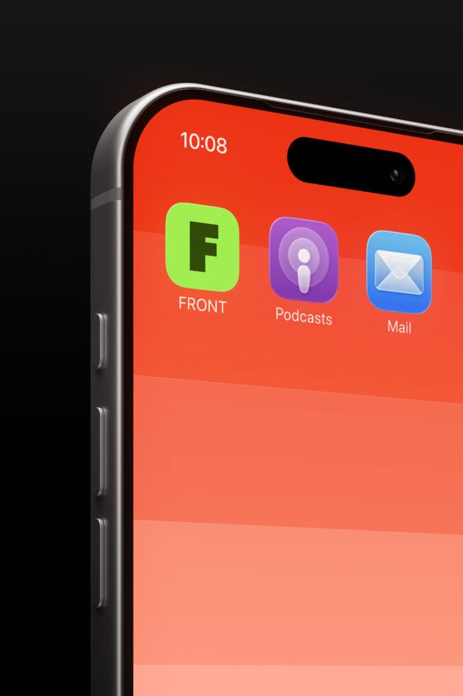 iPhone mockup with notch showing bright red homescreen displaying FRONT, Podcasts, Mail apps