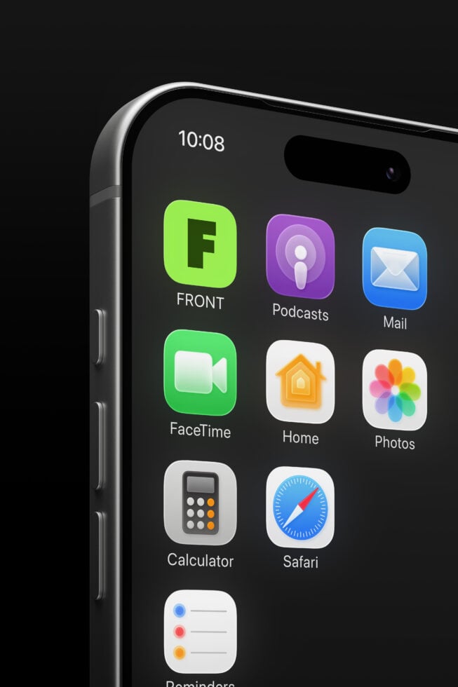 iPhone home screen mockup with app icons displayed on black device at angle