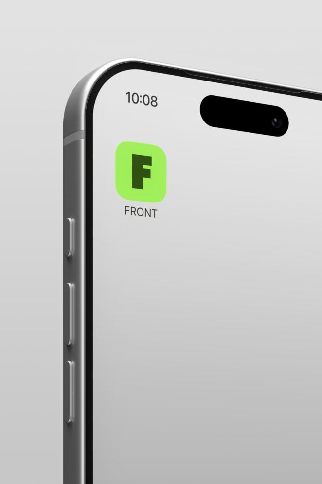 iPhone mockup showing bright lime green app icon with F letter on device screen at 10:08