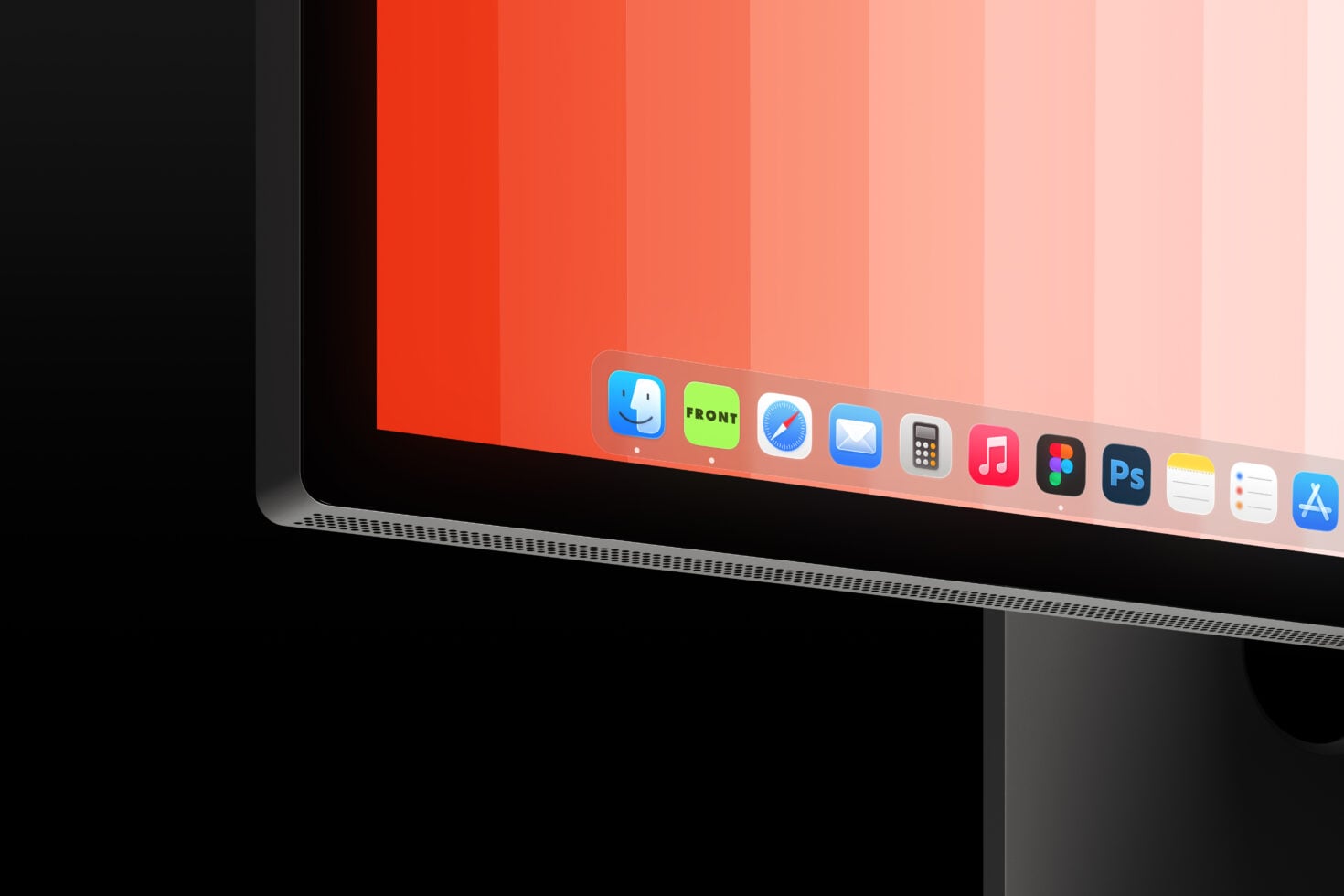 Mac monitor mockup showing dock with common apps like Finder, Safari, Photoshop, Music against coral gradient background