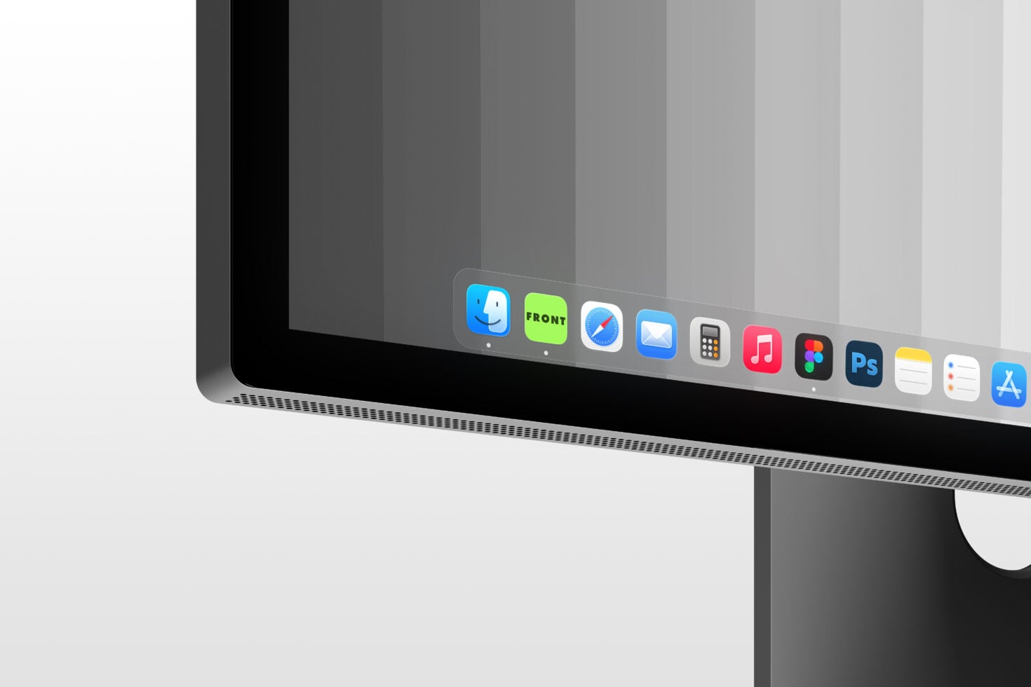 Mac monitor showing dock with Finder, Front, Safari, Mail, Calculator, Music, Figma, Photoshop, Notes, Reminders, App Store icons