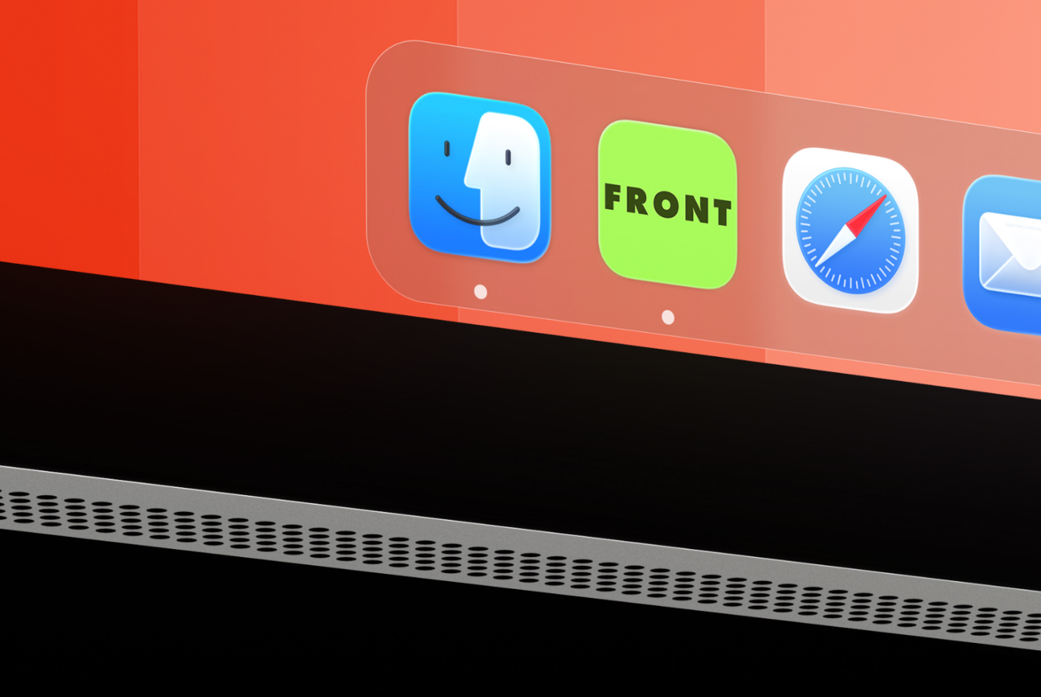 Mac screen showing colorful app icons including Finder, Front, Safari on coral background mockup