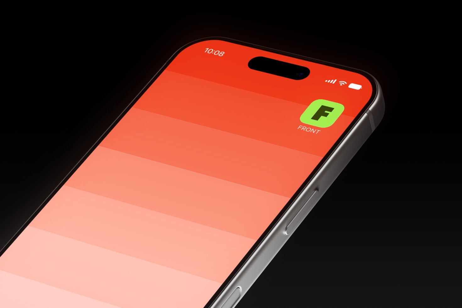 iPhone mockup with bright red gradient background, lime green app icon, front view