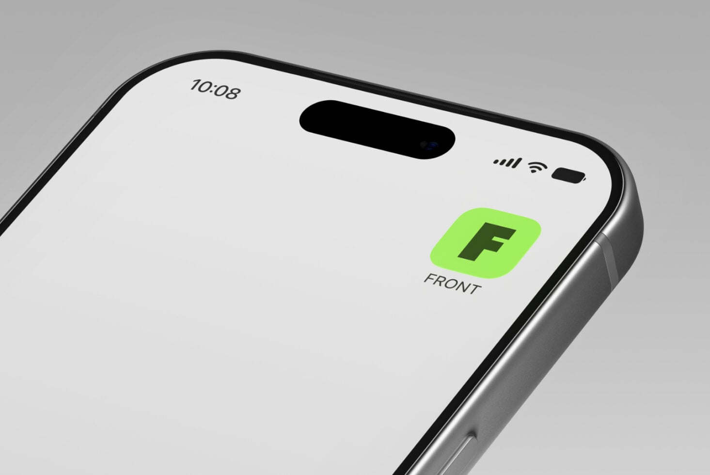iPhone mockup with bright green app icon on home screen, angled view