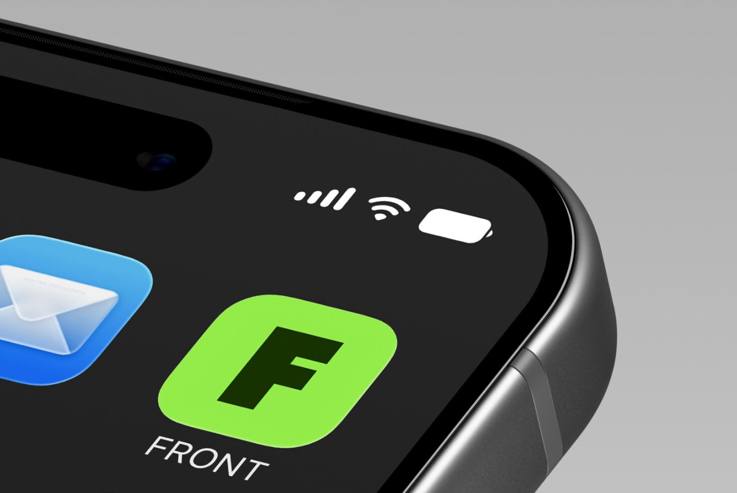 iPhone home screen mockup with bright green app icon labeled FRONT, blue messenger icon, signal bars, wifi symbol, battery indicator on black display