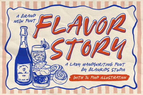 Retro handwriting font with boozy vibes, 36 food illustrations included, blue striped border