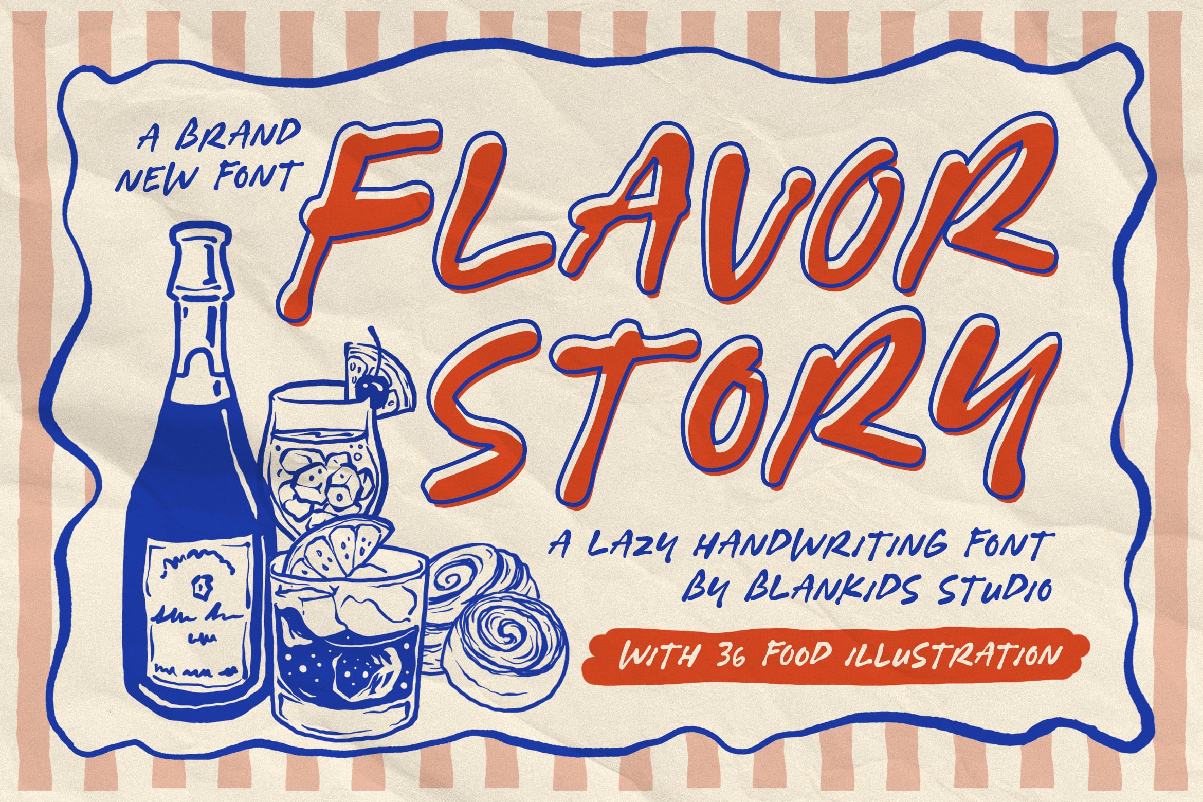 Retro handwriting font with boozy vibes, 36 food illustrations included, blue striped border