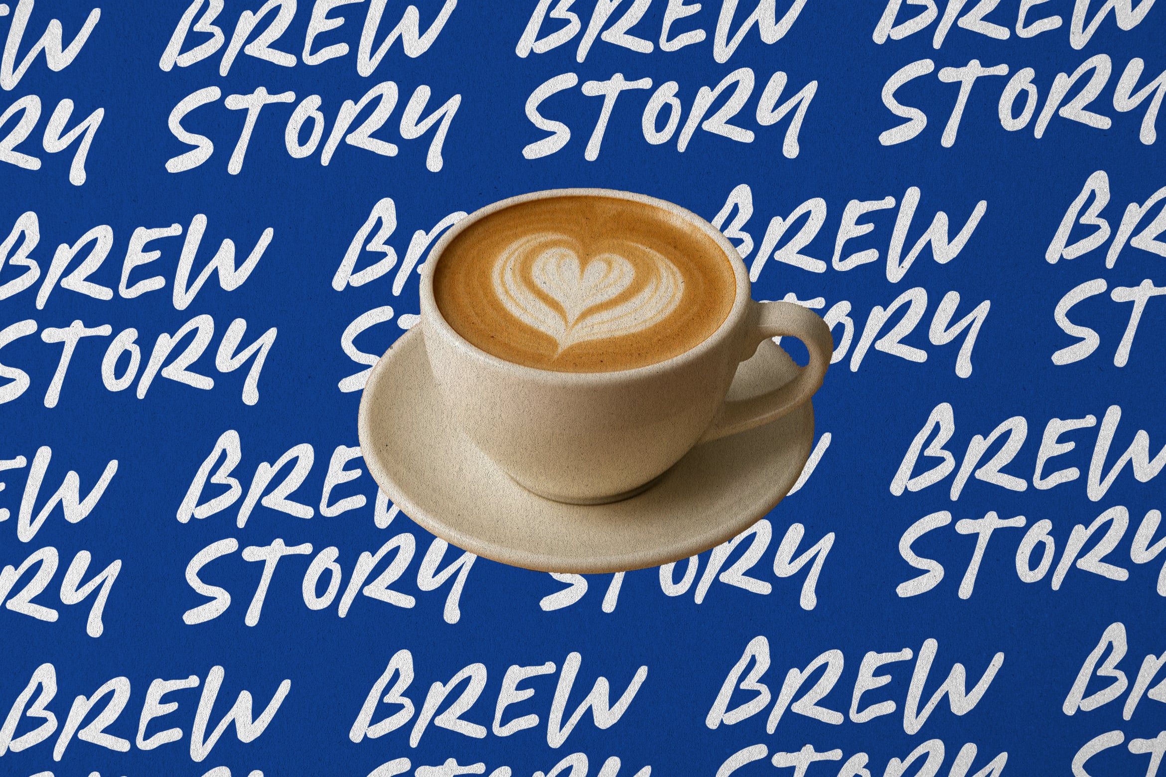 Cream mug with latte art sitting on repeating brew story text pattern blue background