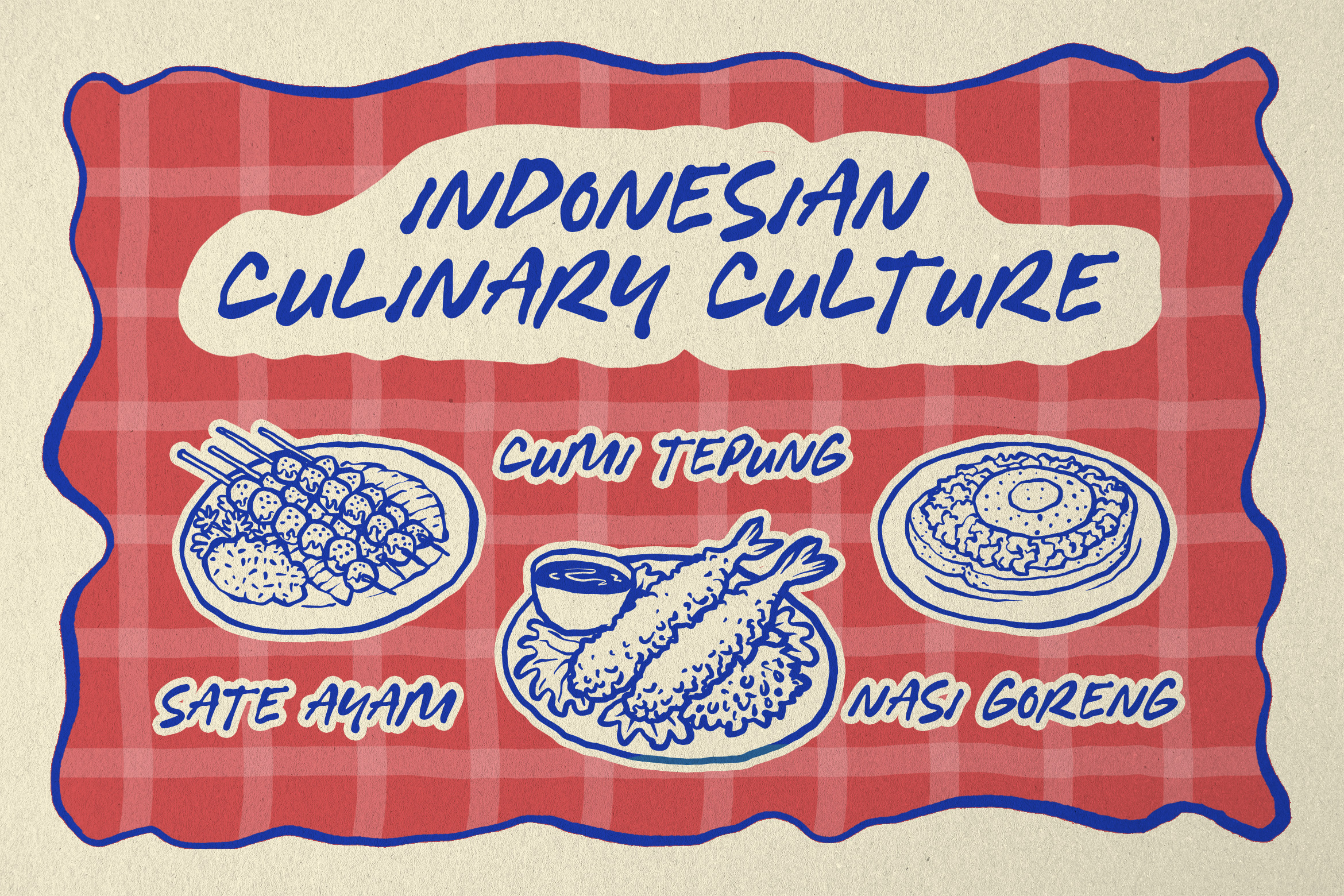 Retro Indonesian food illustration with hand-drawn dishes on red gingham background