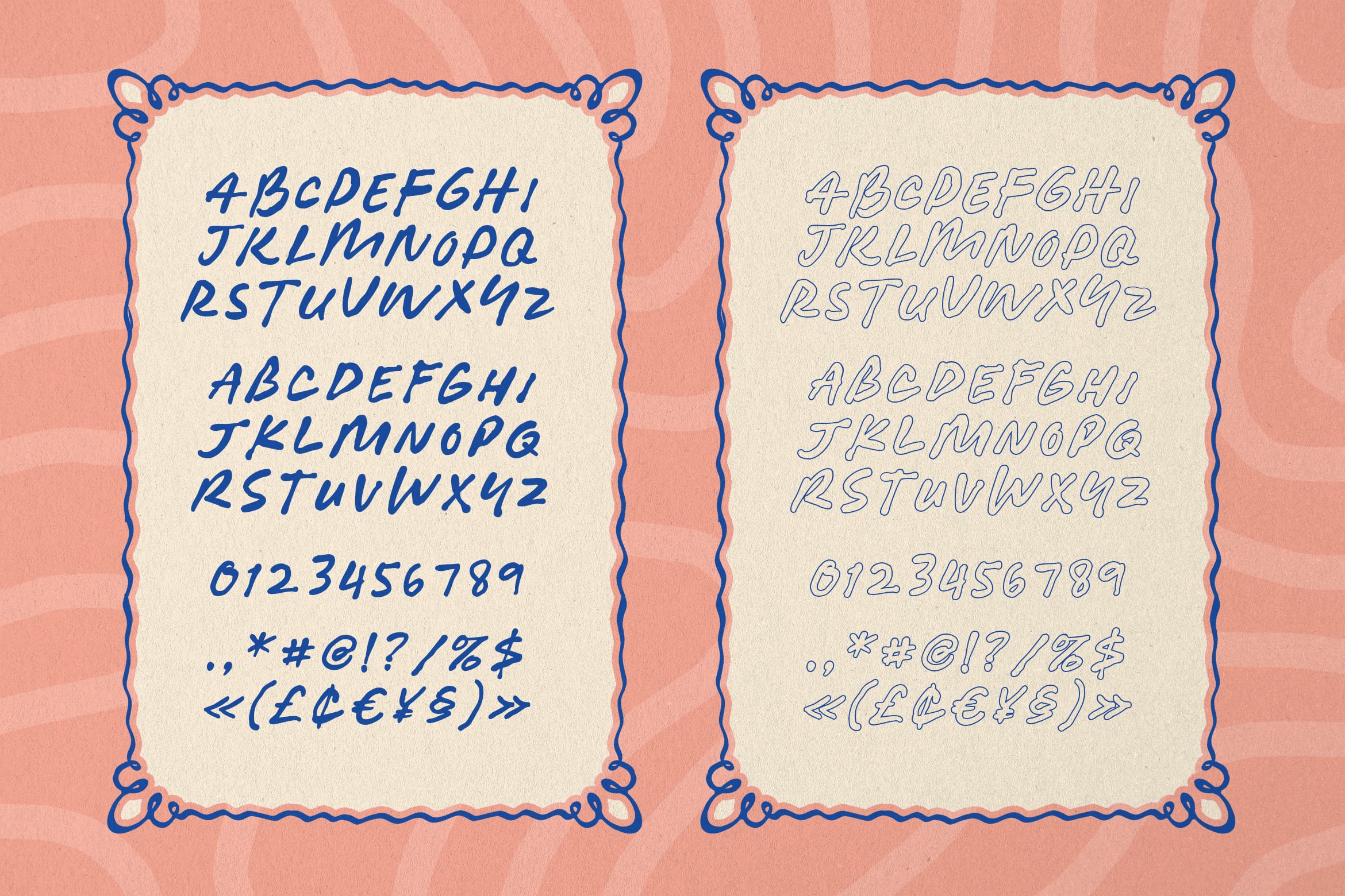 Handwritten script font in solid blue with matching outline style on cream cards, blue decorative borders, coral background