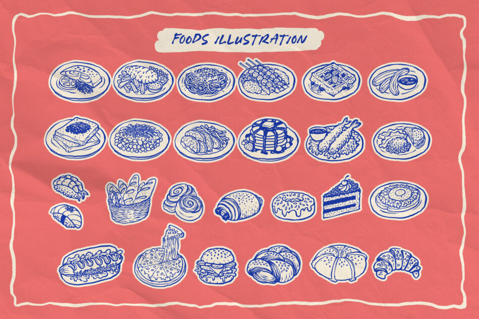 Hand-drawn food illustrations in blue ink on coral background with wavy border frame