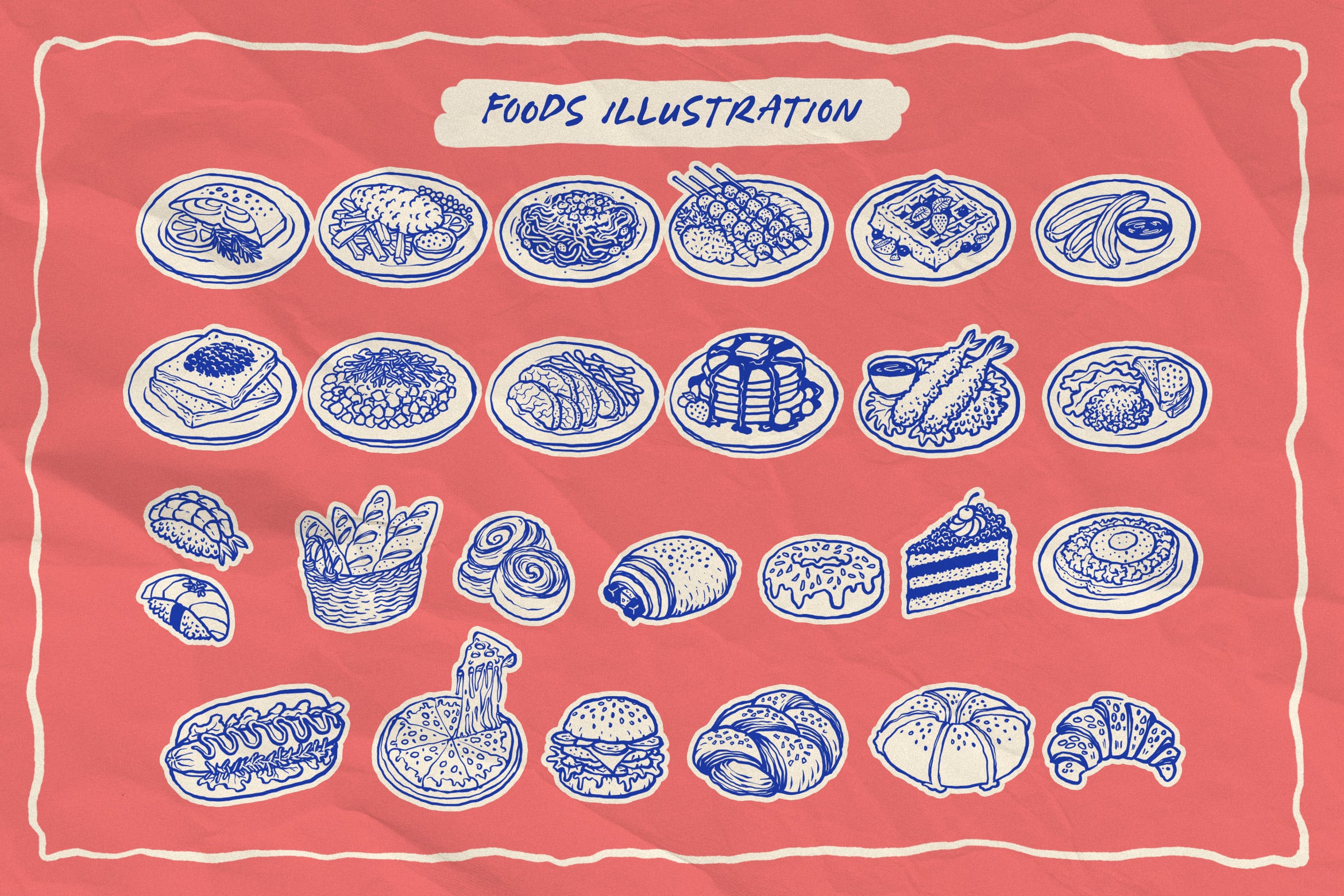 Hand-drawn food illustrations in blue ink on coral background with wavy border frame