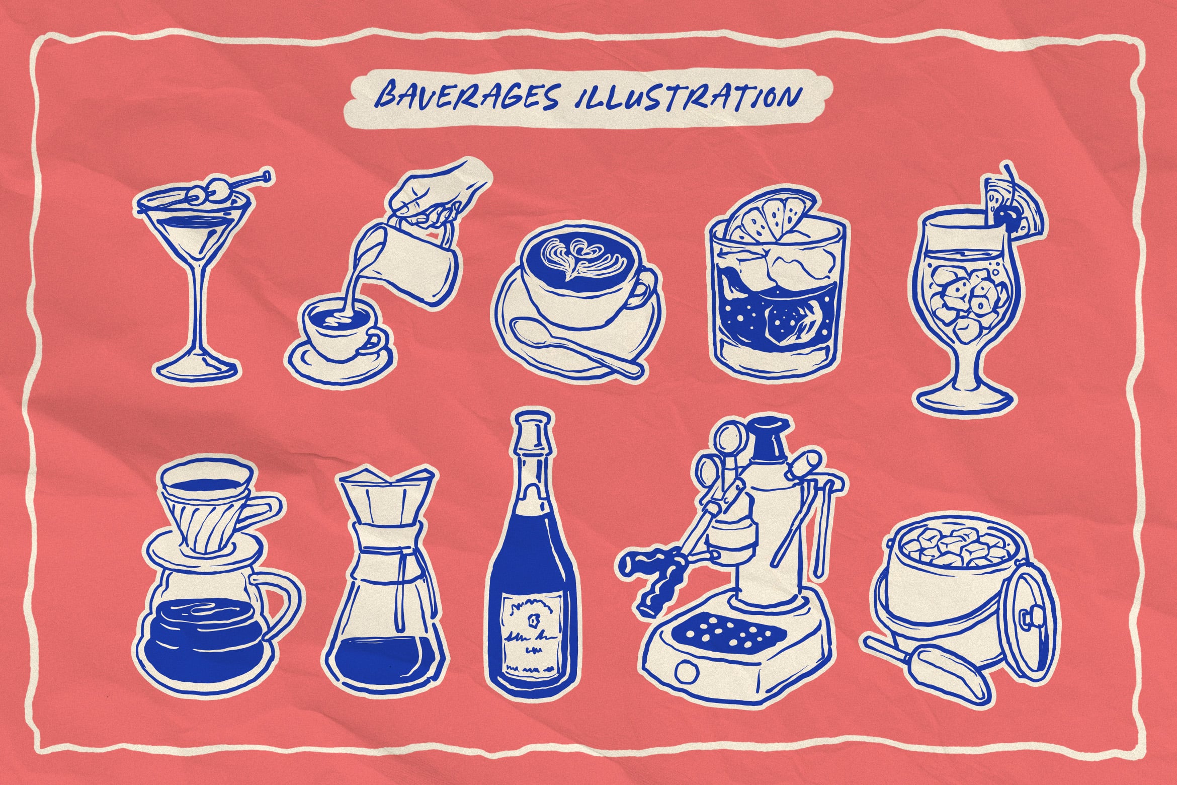 Hand-drawn beverage icons in navy blue on coral background with retro diner vibes