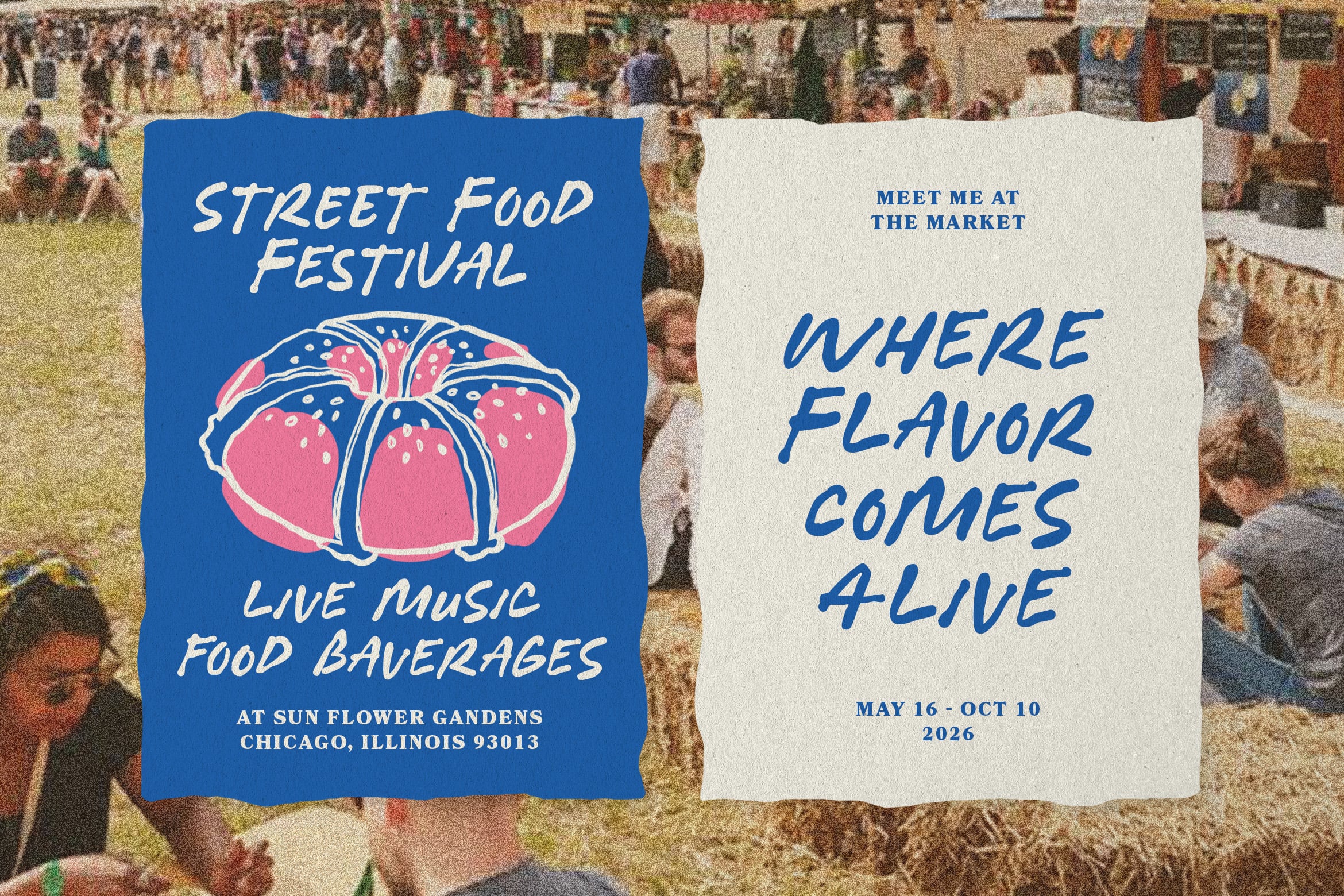 Retro poster mockup for street food festival with pink tomato graphic, blue panel with event details, cream back panel on crowded market backdrop