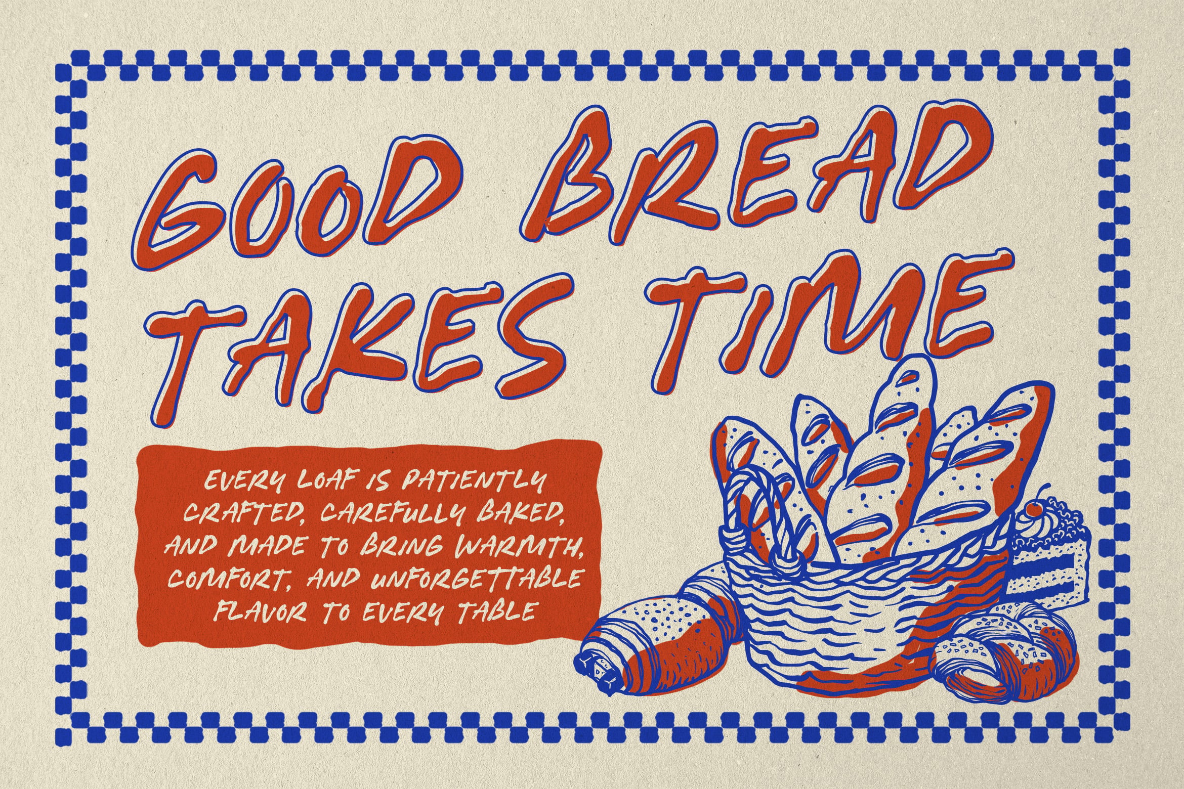 Retro bakery poster with red italic lettering on cream background, blue checkered border, fresh bread illustrations