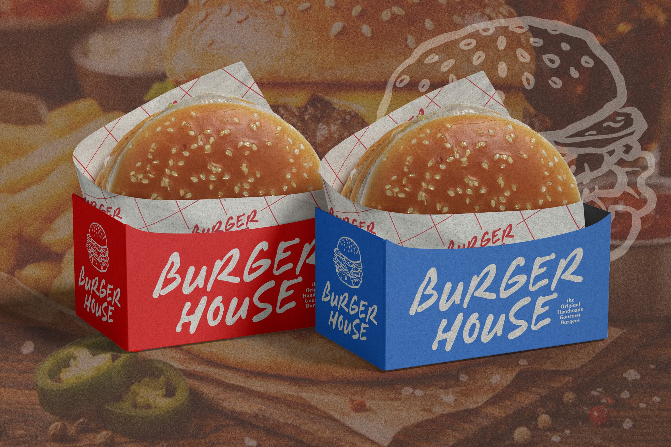 Burger House packaging mockup showing red plus blue takeout boxes with sesame seed buns on wooden surface