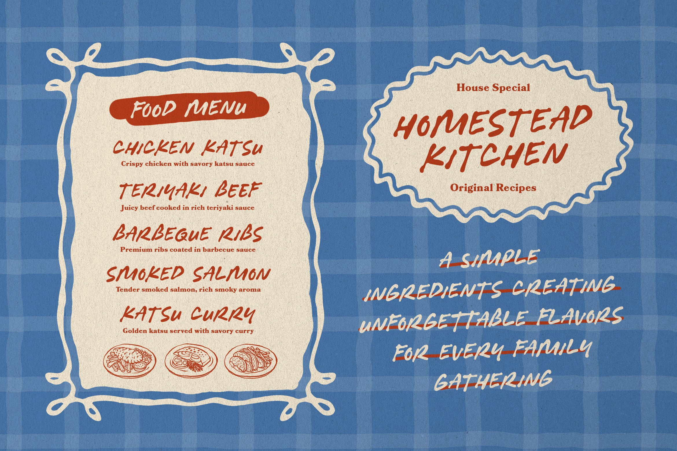 Retro menu mockup with wavy frames showing katsu, teriyaki, ribs on blue gingham background